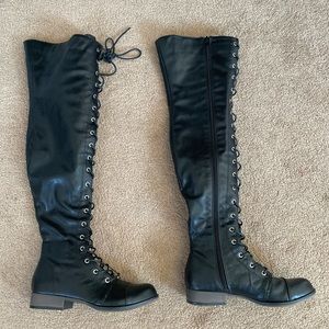 Miss Lola Double Crossed Knee High Boots.